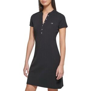 Womens Calvin Klein M Black Shirt Dress Classic Everyday SS Midi Sheath Logo